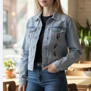 Upcycled denim Jean jacket embroidery bohemian oversized forever21